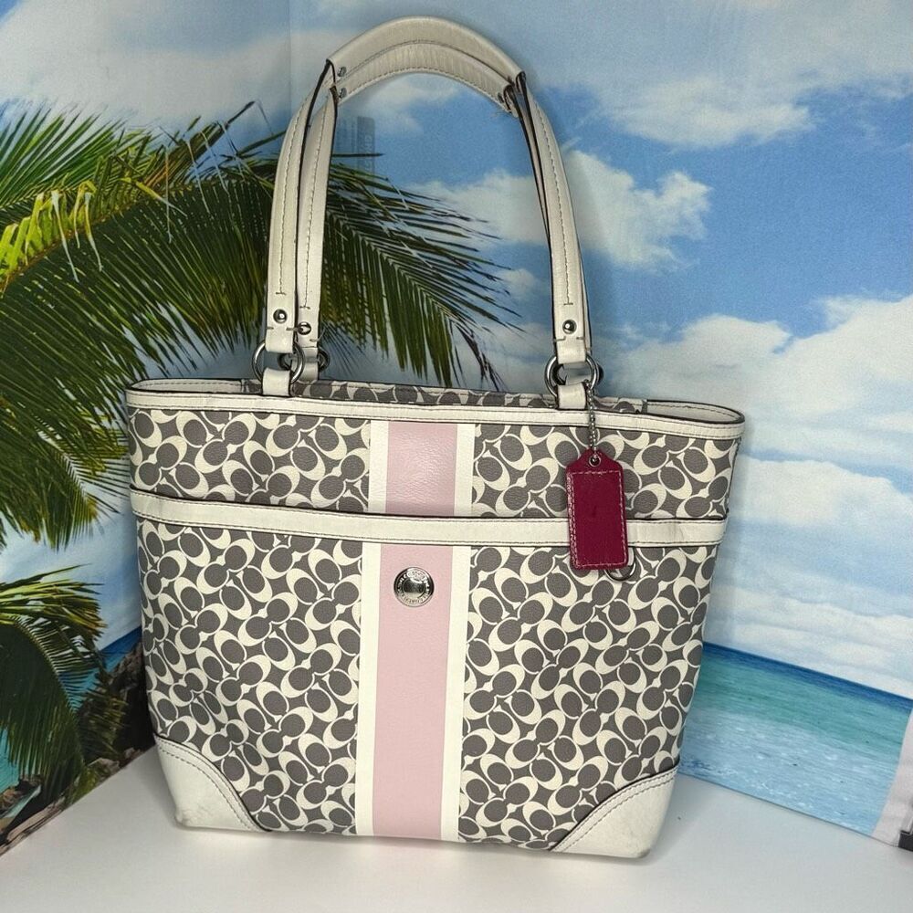 Coach Heritage Signature Stripe Pink White Tote Bag F15137